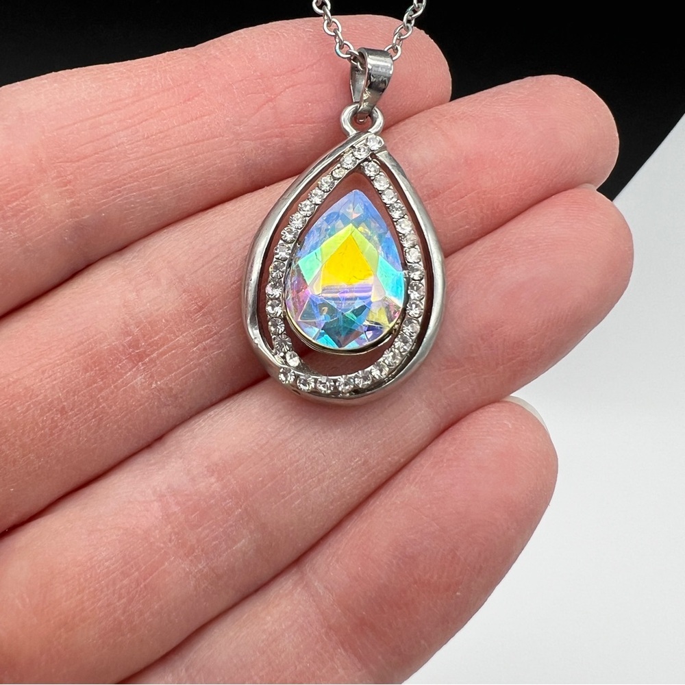 Iridescent Rhinestone AB Teardrop Pendant Necklace
